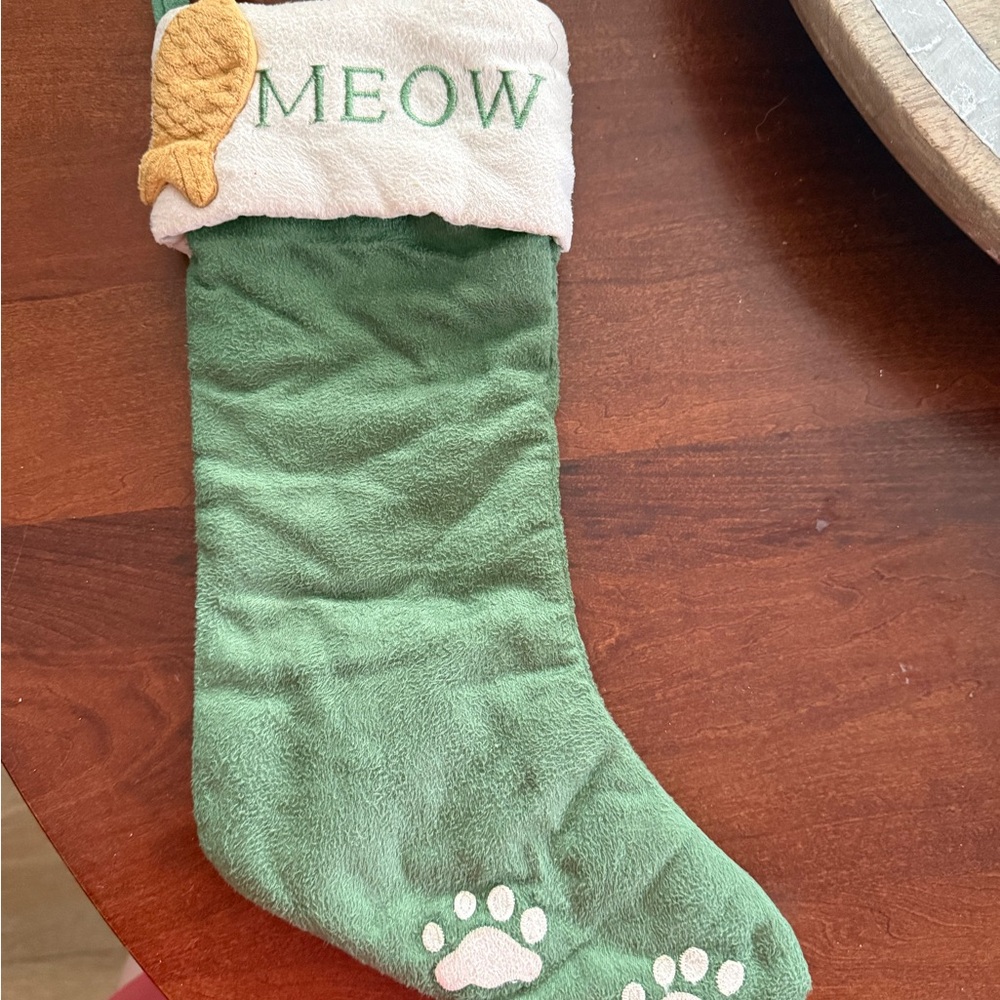 Green Cat Christmas Stocking with Fish Design